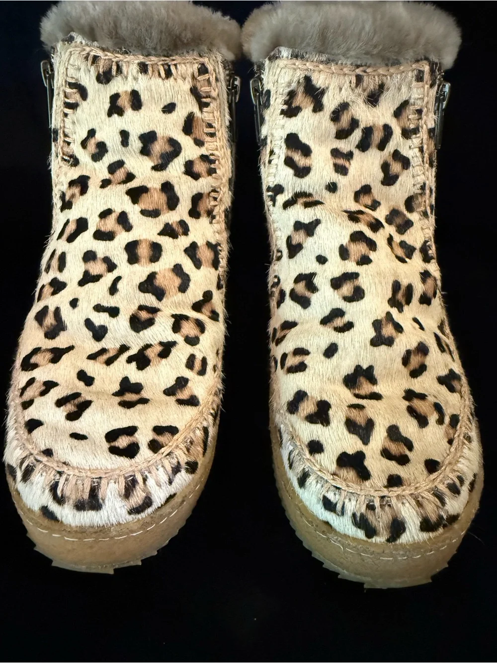 Leopard Print Faux Fur Ankle Boots - Beige/Black
